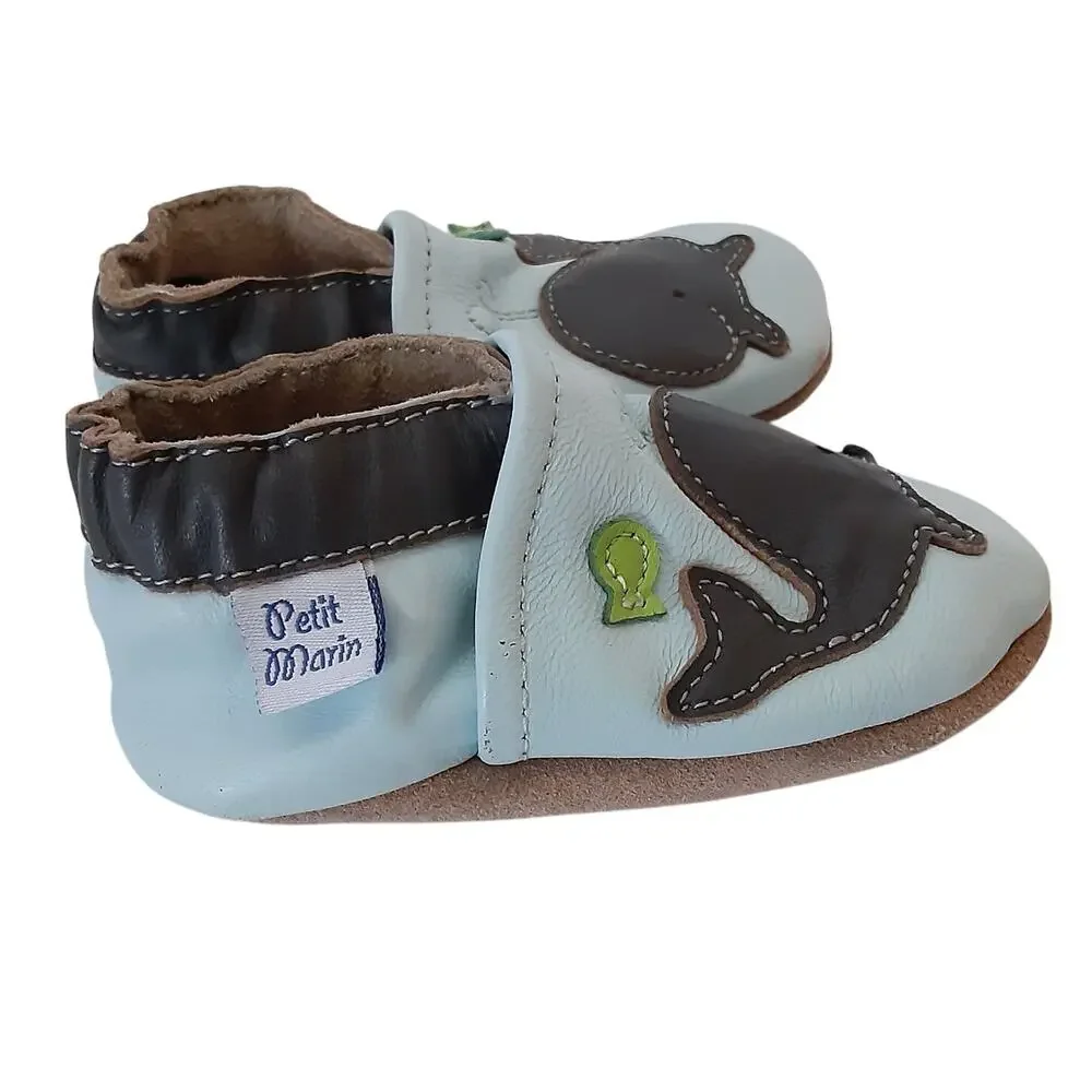 Petit Marin Leather Crib Shoes Blue Whale Soft Soles Tan Suede 6-12mo Baby Boy